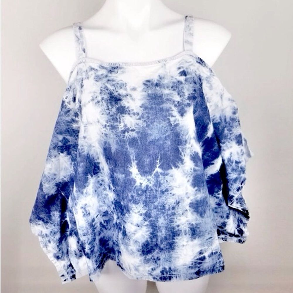 Hippie Laundry Blue White Tie Dye Rectangular Drape Batwing Tank Top